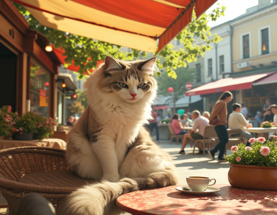 Cat sits contentedly at an outdoor cafe, enjoying the bustling streets and warm sunlight.